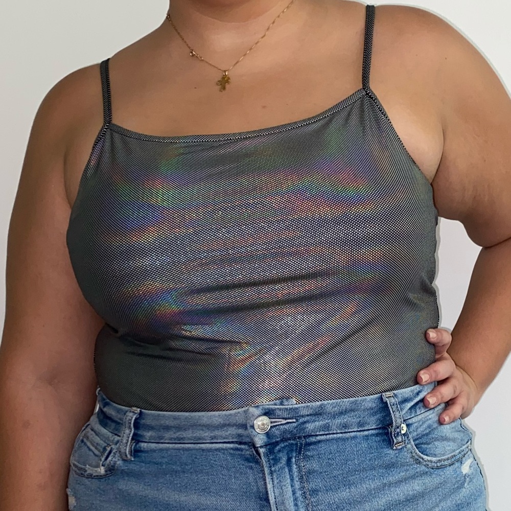 Iridescent/silver bodysuit with adjustable spaghetti straps